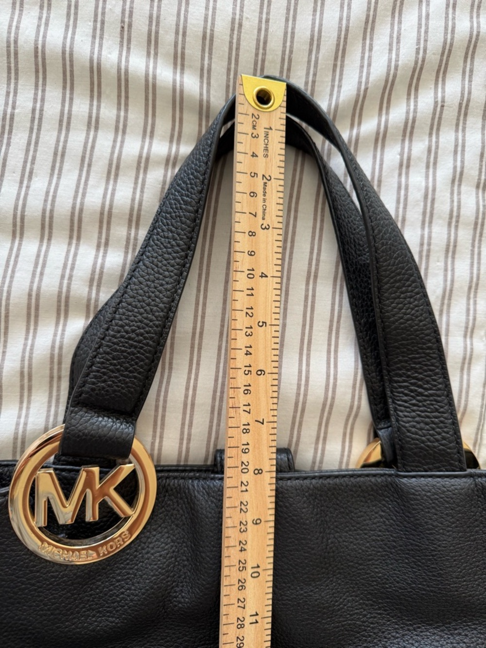 Michael Kors Black Leather Tote with Gold MK Logo Charm - Picture 12 of 13